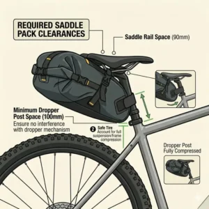 Line drawing measuring the required rear tire clearance and seatpost space needed to safely fit a large saddle pack.