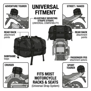 7: Illustration demonstrating the universal fitment and compatibility of a motorcycle luggage rack bag on various bike styles.