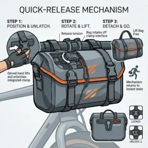 Close-up vector illustration of the quick-release buckle mechanism on a waterproof bicycle bag.