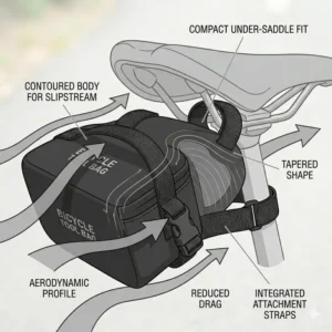 Side profile illustration of the aerodynamic shape of a high-performance bicycle tool bag.