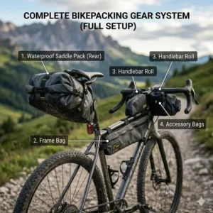 Illustration of a fully loaded bikepacking setup highlighting the position of the saddle pack relative to the frame bag and handlebar roll.