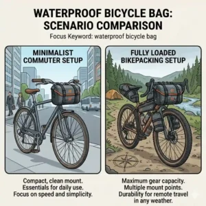 Side-by-side illustration comparing a minimalist commuter bike setup with a fully loaded bikepacking setup using a waterproof bicycle bag.