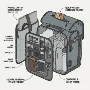 Compatibility chart showing the bicycle rear bag mounted on various bike frames and rack styles.