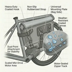 Close-up of heavy-duty, weather-resistant fabric and sealed zippers used in high-quality electric bike bags.