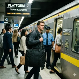 A cyclist carrying the foldable bike bag while boarding a train for a multi-modal commute.
