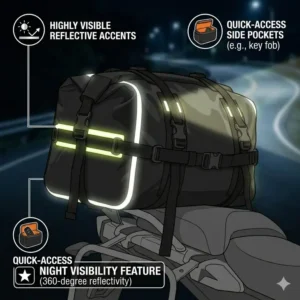 8: Digital drawing highlighting the high-visibility reflective strips on a motorcycle luggage rack bag for night safety.
