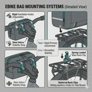 A comparison chart showing small handlebar ebike bag models versus large capacity rear rack panniers.