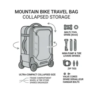 A collapsible mountain bike travel bag folded down for convenient home storage.