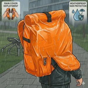 A waterproof pannier to backpack with a high-visibility rain cover deployed in wet weather.