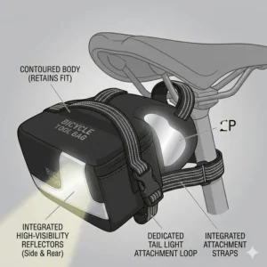 High-visibility reflective strips on a bicycle tool bag for enhanced night cycling safety.