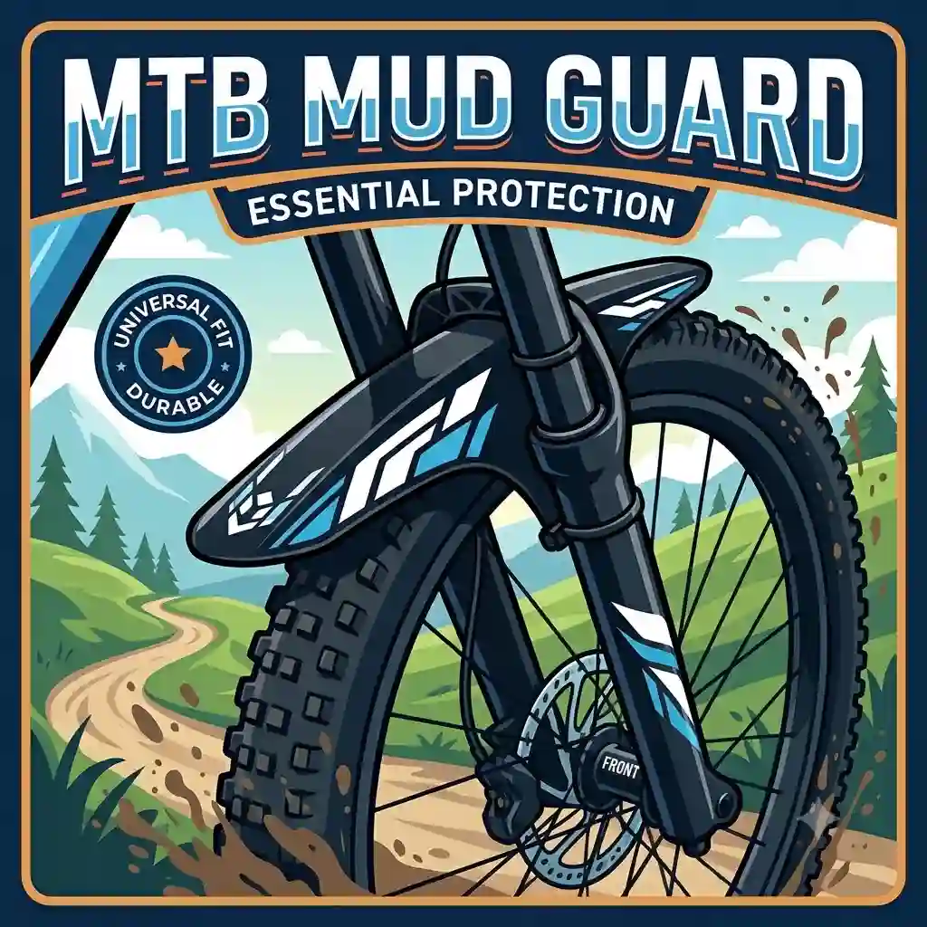 A close-up of a front mtb mud guard installed on a mountain bike suspension fork during a muddy trail ride.
