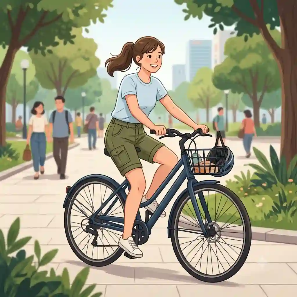 A person wearing comfortable casual cycling shorts while riding a hybrid bike through a scenic city park.