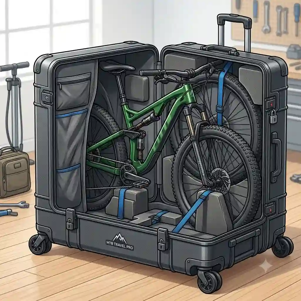 A heavy-duty hardshell mountain bike travel case packed with a full-suspension mountain bike for airline travel.