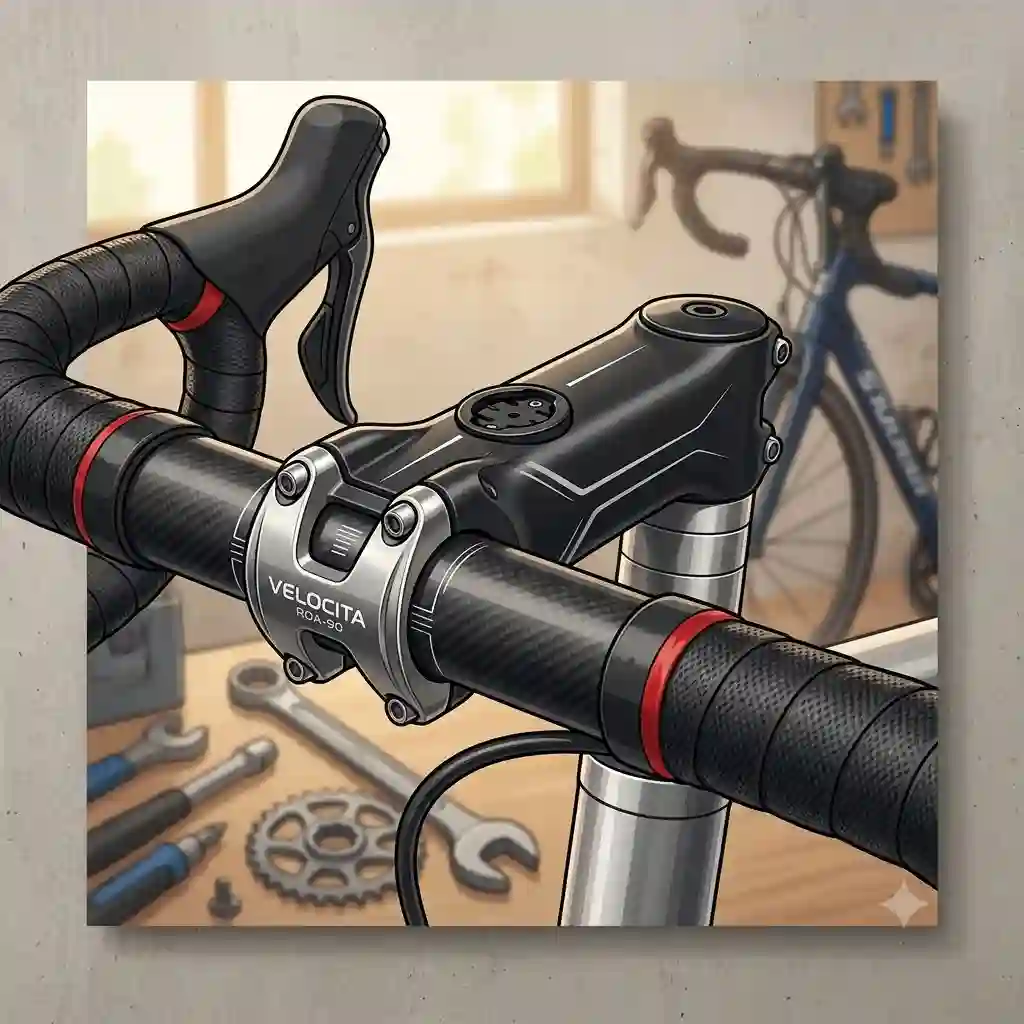 A professional-grade road bicycle stem mounted on a high-performance bike cockpit for improved aerodynamics.