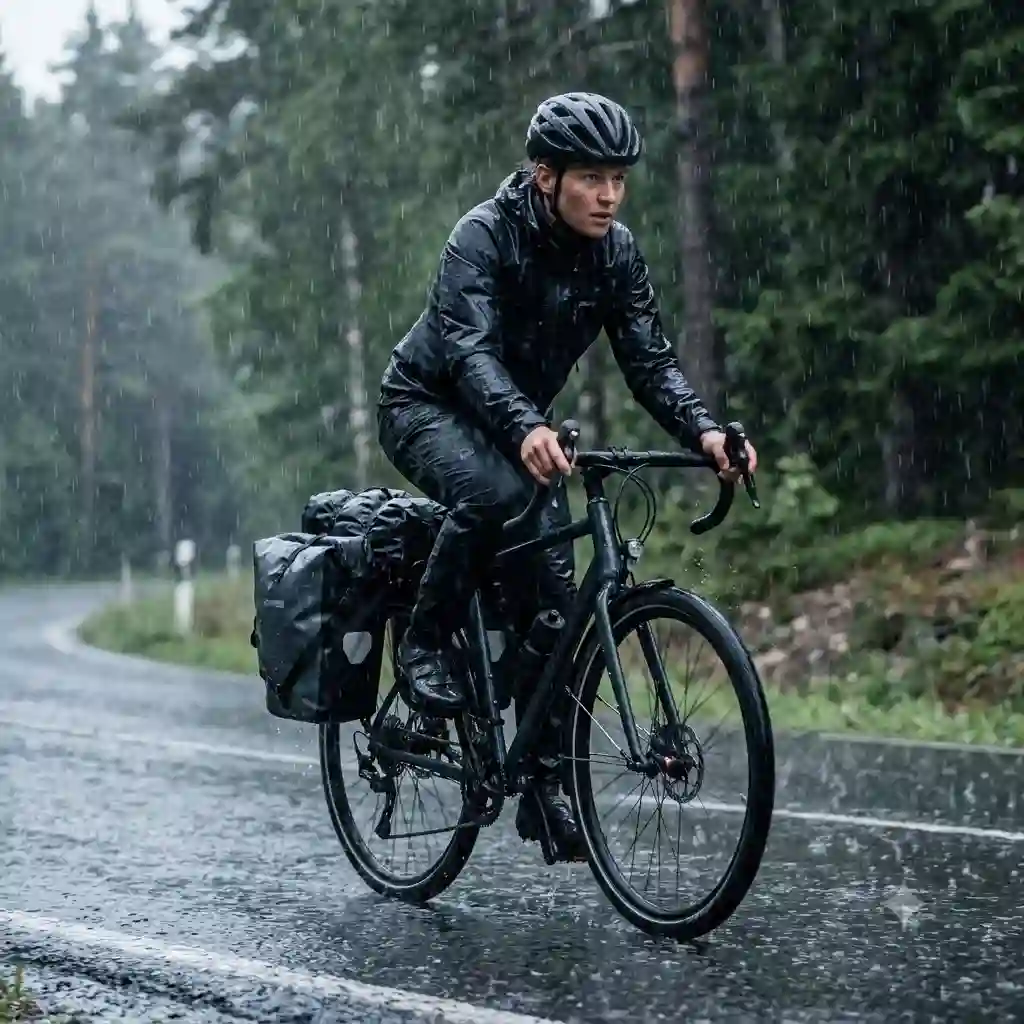 A cyclist riding a touring bicycle equipped with rear waterproof bike panniers during a heavy rainstorm.