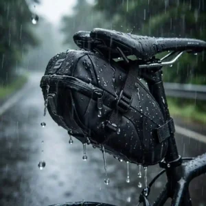 A close-up showing the durability of the best bike seat bag during heavy rain