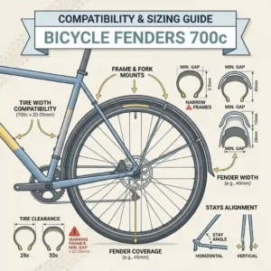 A technical illustration explaining how bicycle fenders 700c fit standard road and commuter bike tire dimensions.