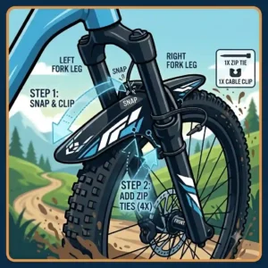 Illustration showing how to install a front mtb mud guard onto the bike fork using zip ties.