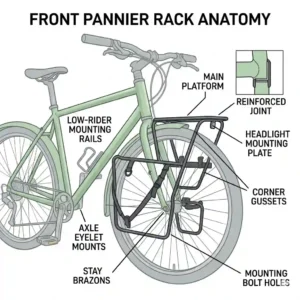 An illustrated diagram showing parts of a steel front pannier rack including mounting bolts and rails.