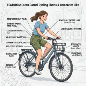 An illustrated diagram showcasing the main features of casual cycling shorts, including breathable fabric and a padded liner.