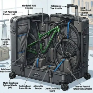 An illustrated diagram showing the key features and internal compartments of a premium mountain bike travel case.
