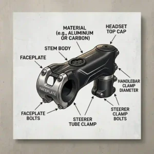 A detailed anatomy diagram labeling the key components of a road bicycle stem, including the faceplate and bolts.