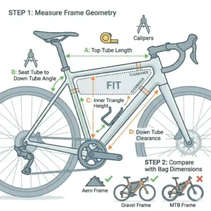 A detailed diagram illustrating how to measure a bicycle's interior geometry to find the perfect bike frame bag triangle fit.