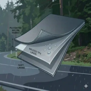 Illustration showing the TPU coated nylon layers and welded seams of waterproof bike panniers.
