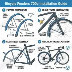 Step-by-step diagram showing the installation of bicycle fenders 700c onto a bike frame and fork.
