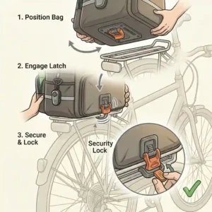 A step-by-step diagram illustrating how to attach a quick-release bike trunk to a rear bicycle rack.
