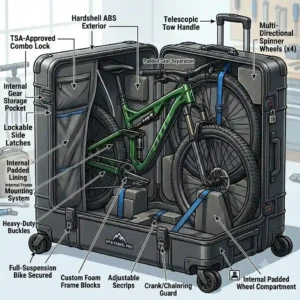 Step-by-step illustration demonstrating how to disassemble and secure a bicycle inside a mountain bike travel case.