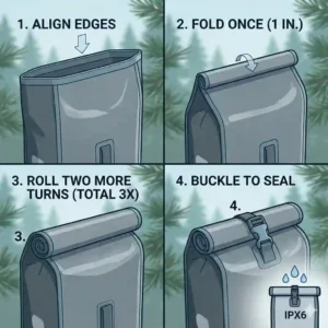 Diagram illustrating how to fold and buckle a roll-top closure on waterproof bike panniers to prevent leaks.