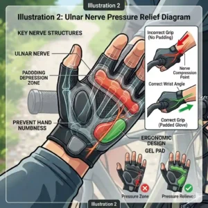 Diagram showing how padded bike gloves relieve pressure on the ulnar nerve to prevent hand numbness during long rides.