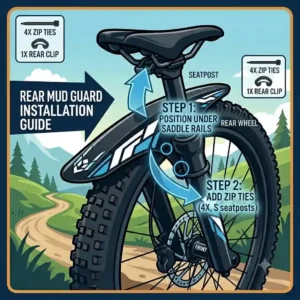 Illustration of a rear mtb mud guard attached to the saddle rails to protect the rider from mud splashes.