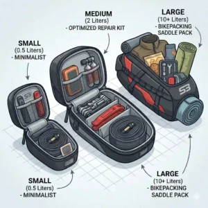 A size comparison guide to help riders choose the best bike seat bag for their needs.