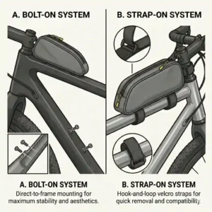 A diagram comparing bolt-on and strap-on mounting methods for the best top tube bag options.
