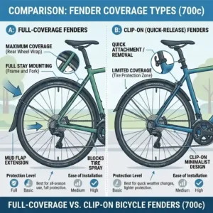 An illustrative comparison between full-coverage and quick-release clip-on bicycle fenders 700c.