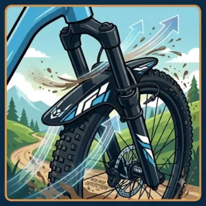 Diagram illustrating an mtb mud guard deflecting mud, water, and trail debris away from the rider's face and bike frame.