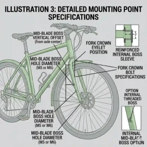 A step-by-step illustration demonstrating how to install a front pannier rack to bicycle fork eyelets.