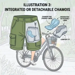 Graphic illustration showing the hidden padded chamois liner inside a pair of versatile casual cycling shorts.