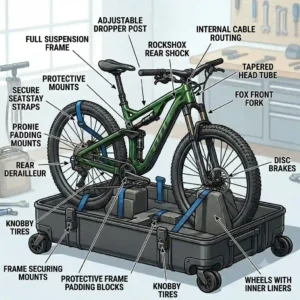 Illustration of dedicated wheel pockets inside a mountain bike travel case protecting heavy-duty mountain bike tires.