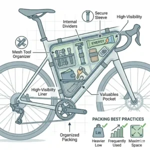 An overhead view showing a bike frame bag triangle packed efficiently with tools, snacks, a hand pump, and a wallet.