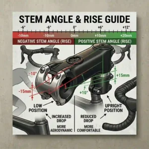 A technical guide explaining how the angle and rise of a road bicycle stem affect riding position.