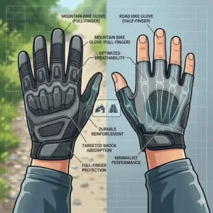 Side-by-side comparison of lightweight half-finger road cycling gloves and durable full-finger mountain bike padded bike gloves.