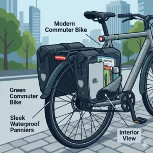 Illustration of a modern commuter bike with a sleek set of waterproof bike panniers containing a laptop and office gear.
