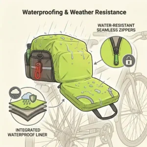 An illustration of a durable bike trunk withstanding heavy rain, featuring a high-visibility waterproof cover.