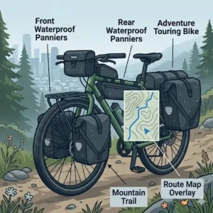 Illustration of a fully loaded adventure touring bicycle featuring front and rear waterproof bike panniers on a mountain trail.