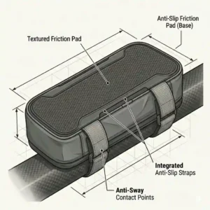 The textured anti-slip rubber base of the best top tube bag preventing knee rub and frame sway.