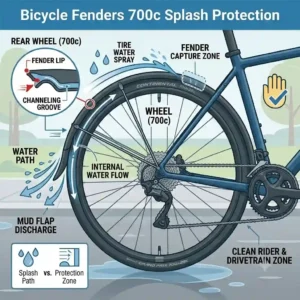 Illustration demonstrating how bicycle fenders 700c block water and mud spray from hitting the rider and drivetrain.