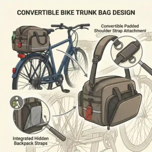 An illustration showing a versatile bike trunk bag being carried as a shoulder bag off the bicycle.